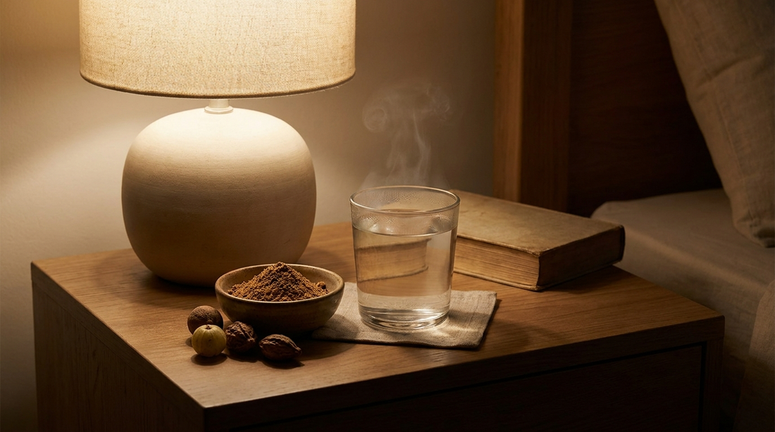 Bedside warm water and triphala fruits under a soft lamp