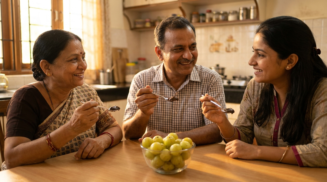 आजी, बाबा आणि तरुण मुलगी सकाळी च्यवनप्राश घेताना, टेबलावर ताजे आवळे
