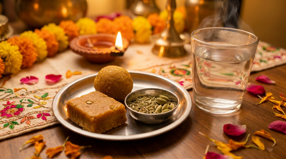 Small plate of festive Indian sweets with fennel, cardamom and warm water