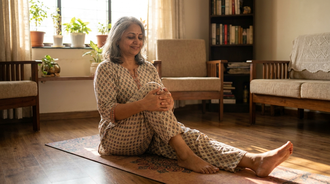 सकाळच्या उन्हात योगा मॅटवर बसून हलके स्ट्रेचिंग करणारी महिला