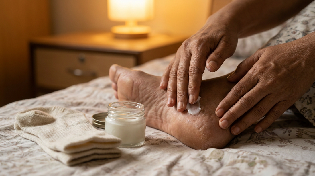Indian woman massaging a little ghee balm into her heel at bedtime for dry skin care