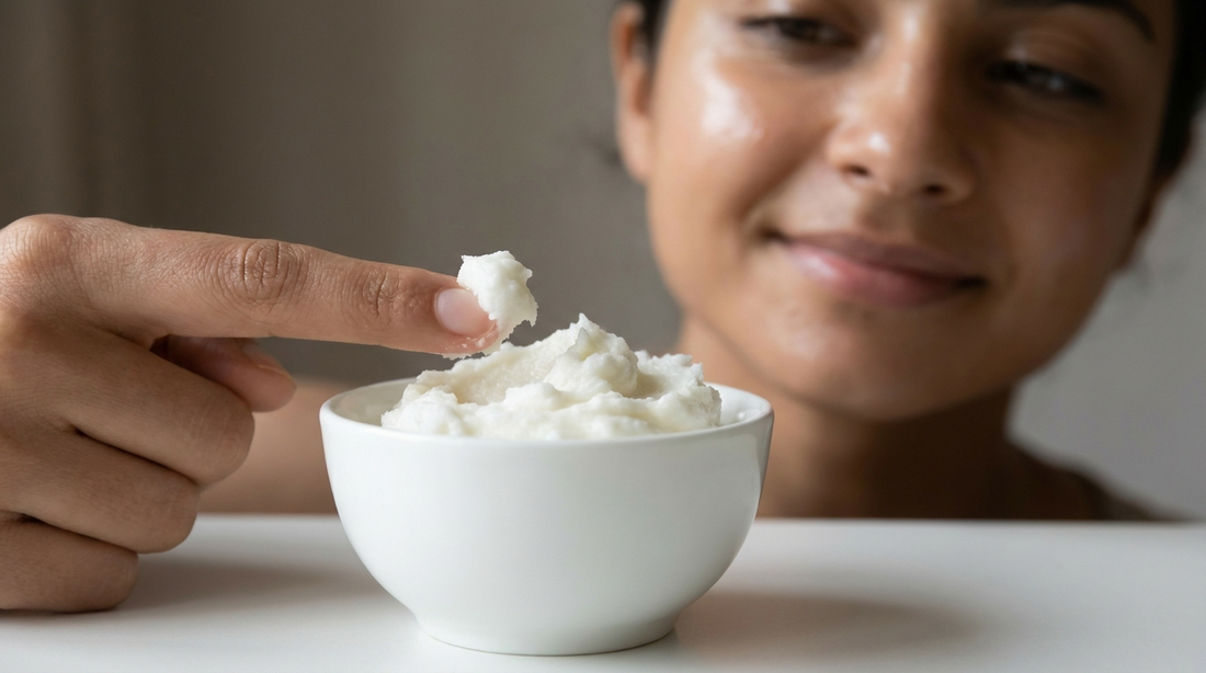 Fingertip taking a tiny amount of whipped white Shatadhauta Ghrita balm