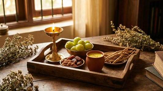 Ghee lamp with amla, dates, almonds and saffron milk