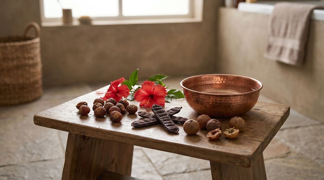 Reetha soapnuts, shikakai pods, amla and hibiscus for a traditional herbal hair wash