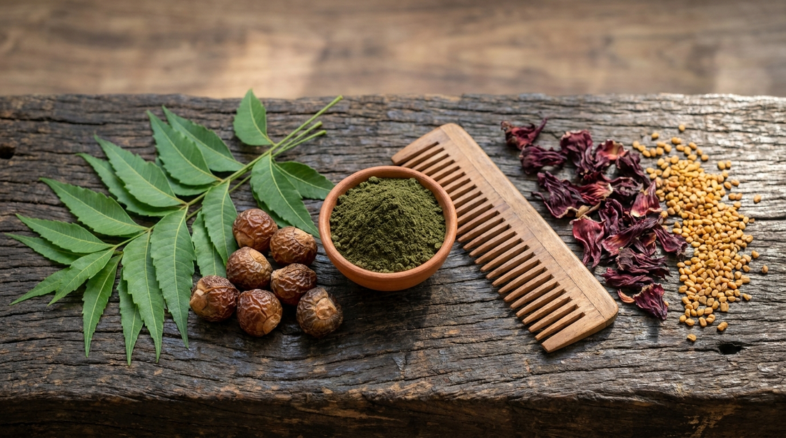 Ayurvedic anti-dandruff routine - neem, reetha, hibiscus and herbal scalp care