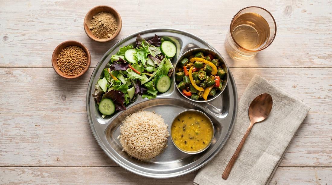 Balanced wholesome meal and Ayurvedic herbs for a healthy metabolism and weight