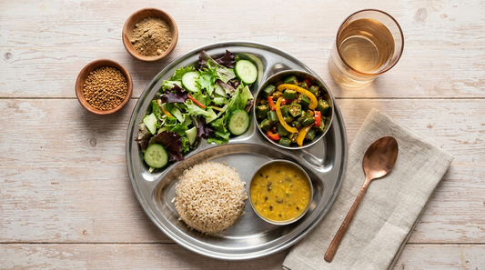 Balanced wholesome meal and Ayurvedic herbs for a healthy metabolism and weight