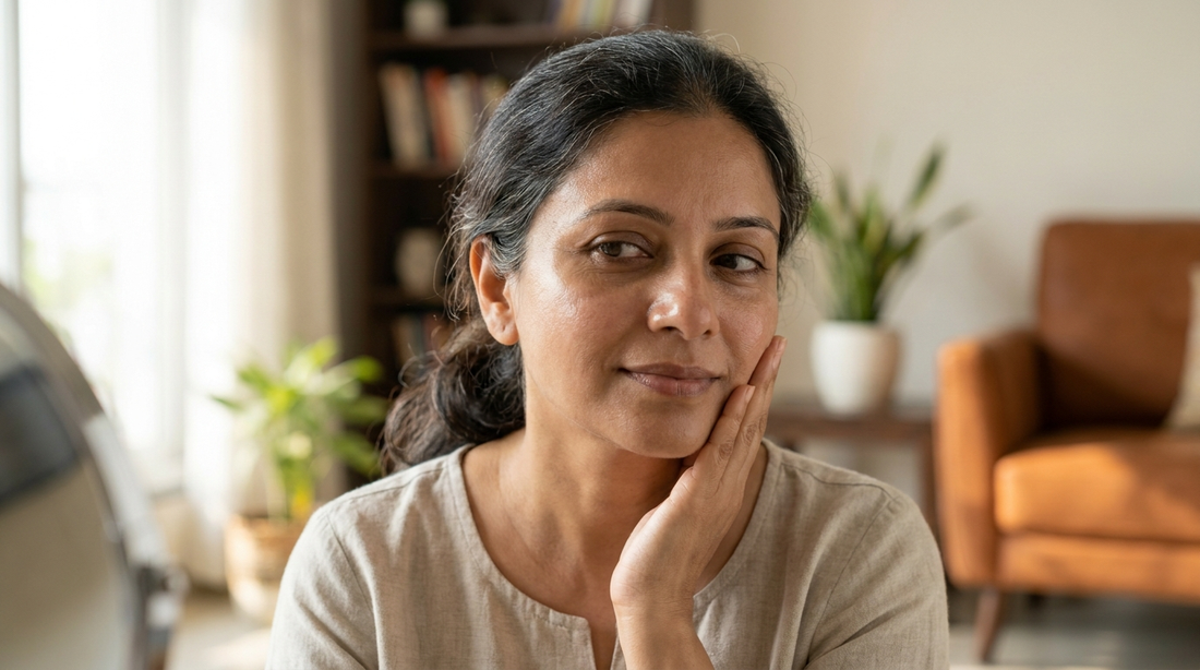 Indian woman with glowing skin gently touching her cheek — anti-ageing Ayurvedic skincare