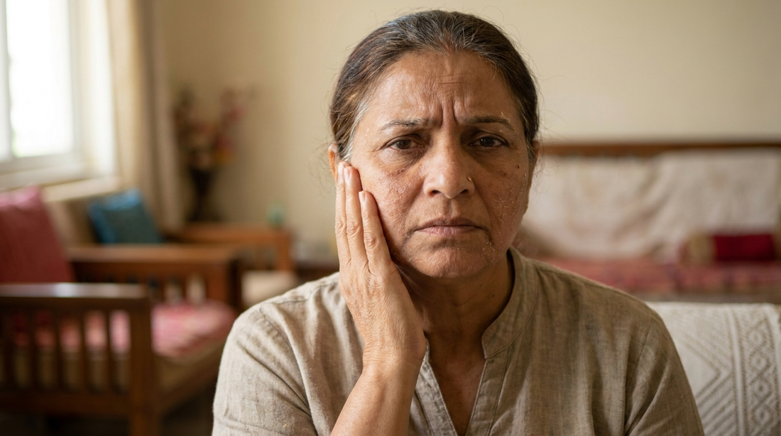 कोरड्या त्वचेची Indian woman — आयुर्वेदिक घृत-आधारित moisturizer