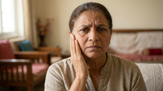 कोरड्या त्वचेची Indian woman — आयुर्वेदिक घृत-आधारित moisturizer