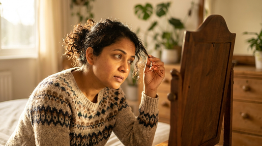 Indian woman examining premature grey hair strands — Ayurvedic hair care and Pitta balance