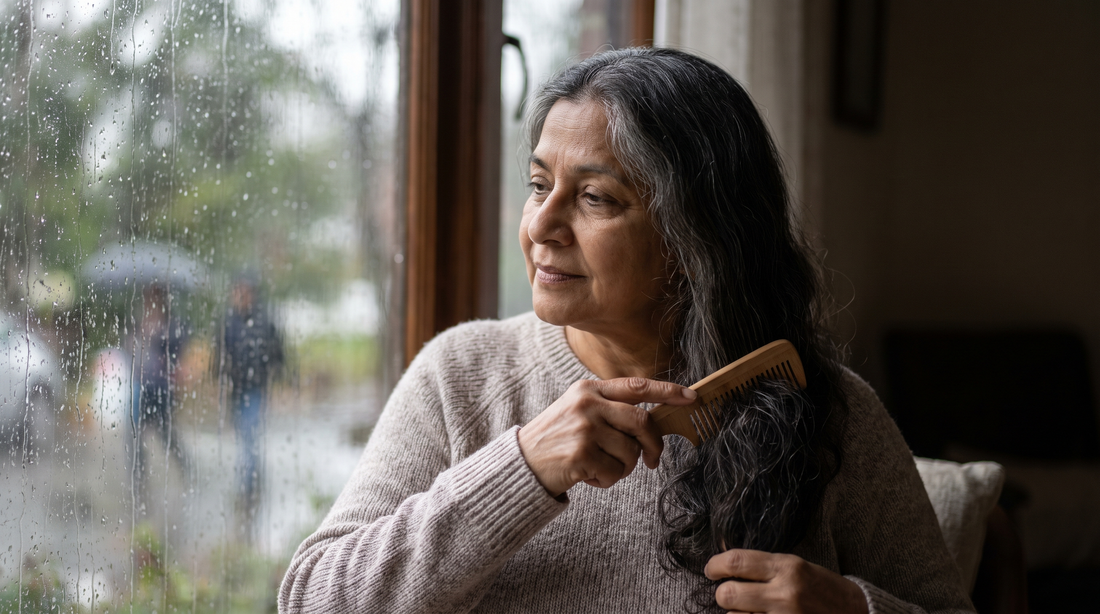 Monsoon hair fall and scalp care - Indian woman combing healthy hair