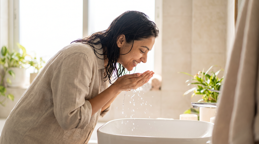 सकाळची आयुर्वेदिक skincare दिनचर्या – चेहरा धुणारी महिला