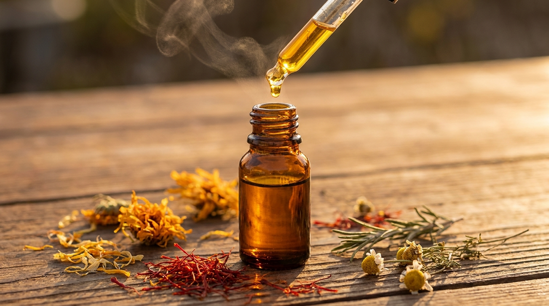 Saffron-infused Kumkumadi Tailam facial oil - Taila Pak preparation