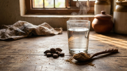 Triphala tablets with a glass of warm water on a wooden table