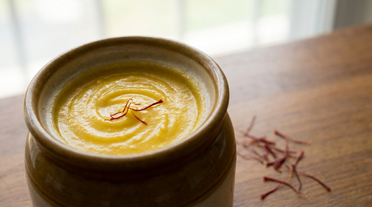 Golden saffron-infused ghee cream in a small jar