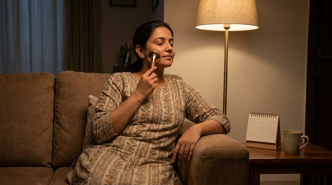 Indian woman using a bronze kansa wand on her cheek in the evening