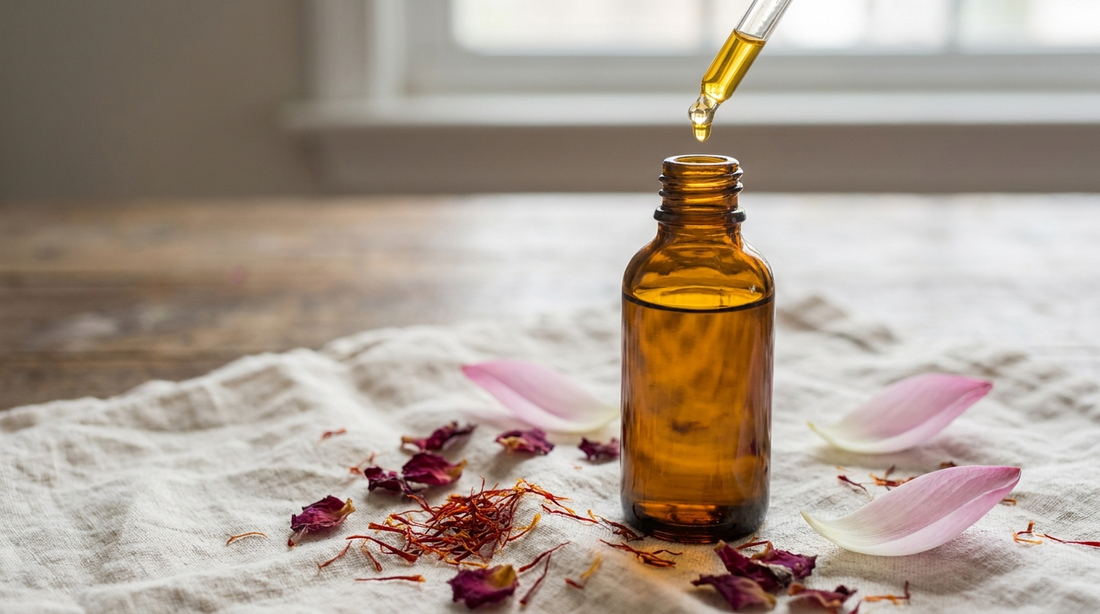 Golden Ayurvedic face oil with saffron strands, rose and lotus petals