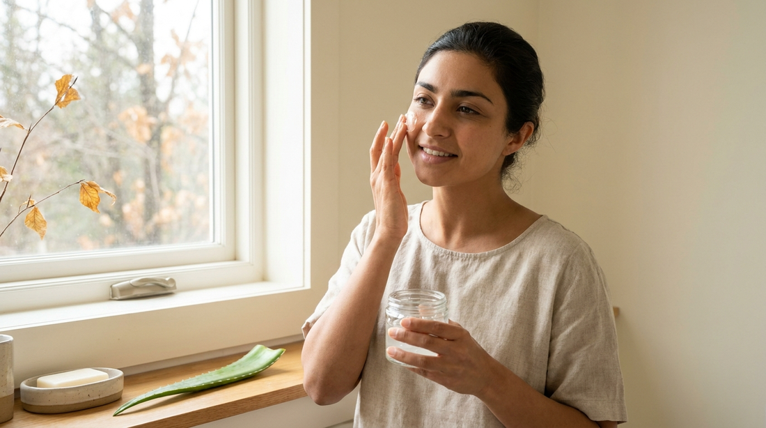 Indian woman patting a light aloe gel onto her cheek on an early autumn morning
