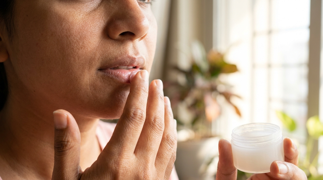 Indian woman applying a gentle lip balm to soft natural lips