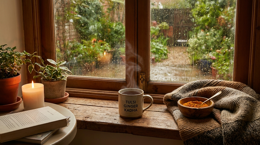 Steaming cup of tulsi ginger kadha by a rainy window with a blanket