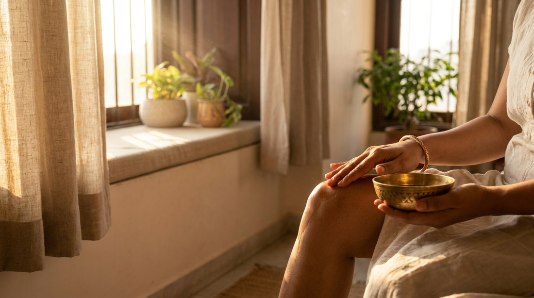 Person massaging warm herbal oil on the leg in the morning