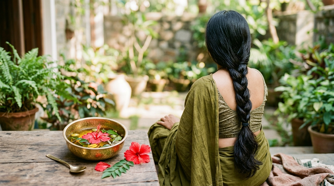 Oiled braided hair with a bowl of warm herbal hair oil