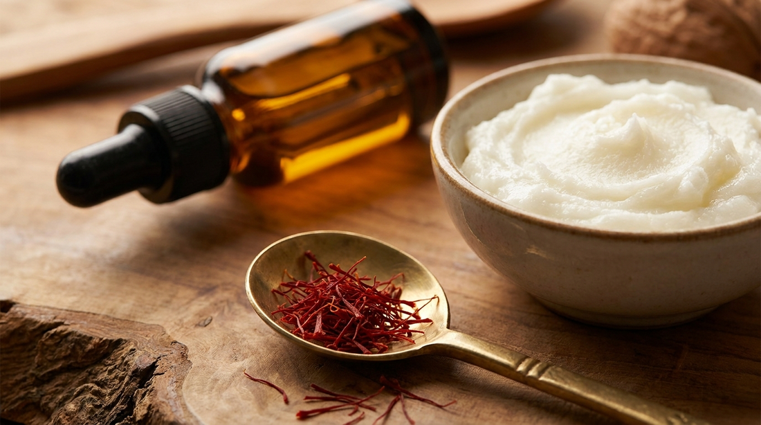 Saffron strands on a brass spoon with whipped ghee and golden oil