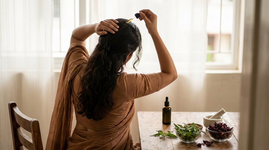 हिवाळ्यात टाळूची काळजी घेताना केसांना सौम्य हर्बल उत्पादन लावणारी महिला