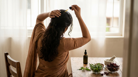 हिवाळ्यात टाळूची काळजी घेताना केसांना सौम्य हर्बल उत्पादन लावणारी महिला