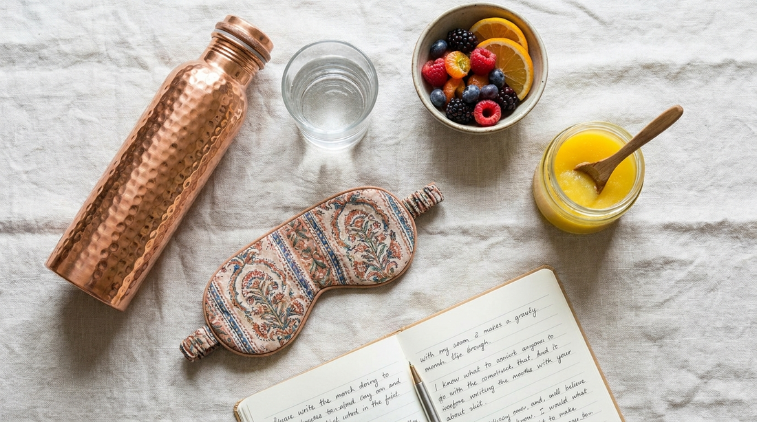 Copper water bottle, seasonal fruits, ghee and a sleep mask laid out as a daily skin routine