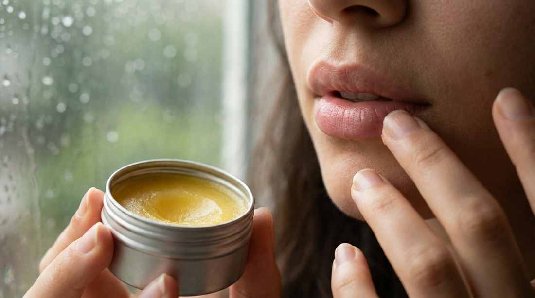 Woman applying ghee based lip balm by a window in cool weather