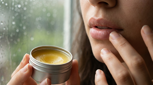 Woman applying ghee based lip balm by a window in cool weather