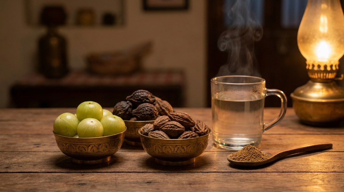 त्रिफळेतील आवळा, बेहडा आणि हिरडा पितळी वाट्यांमध्ये, सोबत कोमट पाणी
