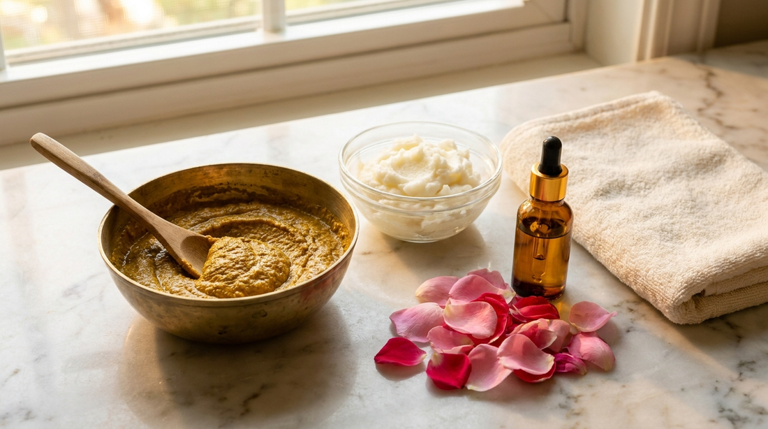 Turmeric ubtan, whipped ghee and a golden oil laid out for an Ayurvedic skin ritual