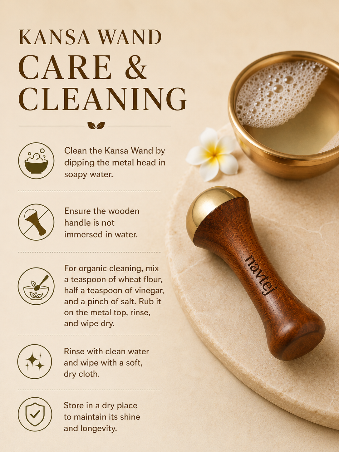 Navtej Kansa Wand care and cleaning instructions with a wooden handle and metal head on a beige background.