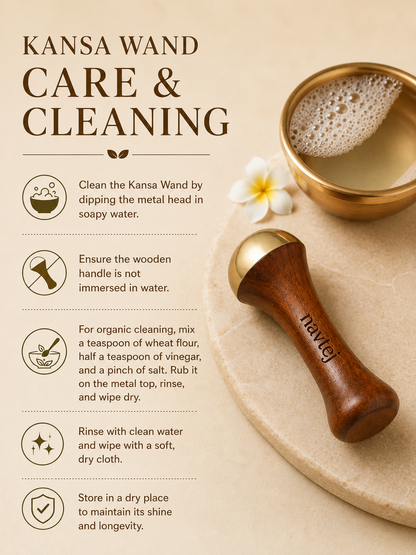 Navtej Kansa Wand care and cleaning instructions with a wooden handle and metal head on a beige background.
