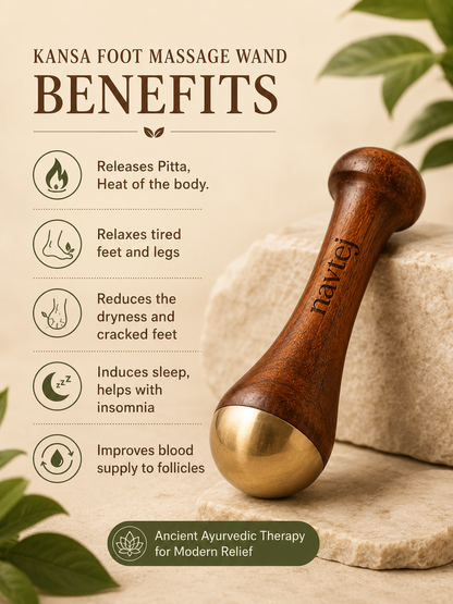 Navtej Kansa foot massage wand with benefits listed on a beige background