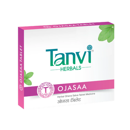 Tanvi Ojasaa Tablets by Dr. Rucha Tanvi Herbals packaging on a white background