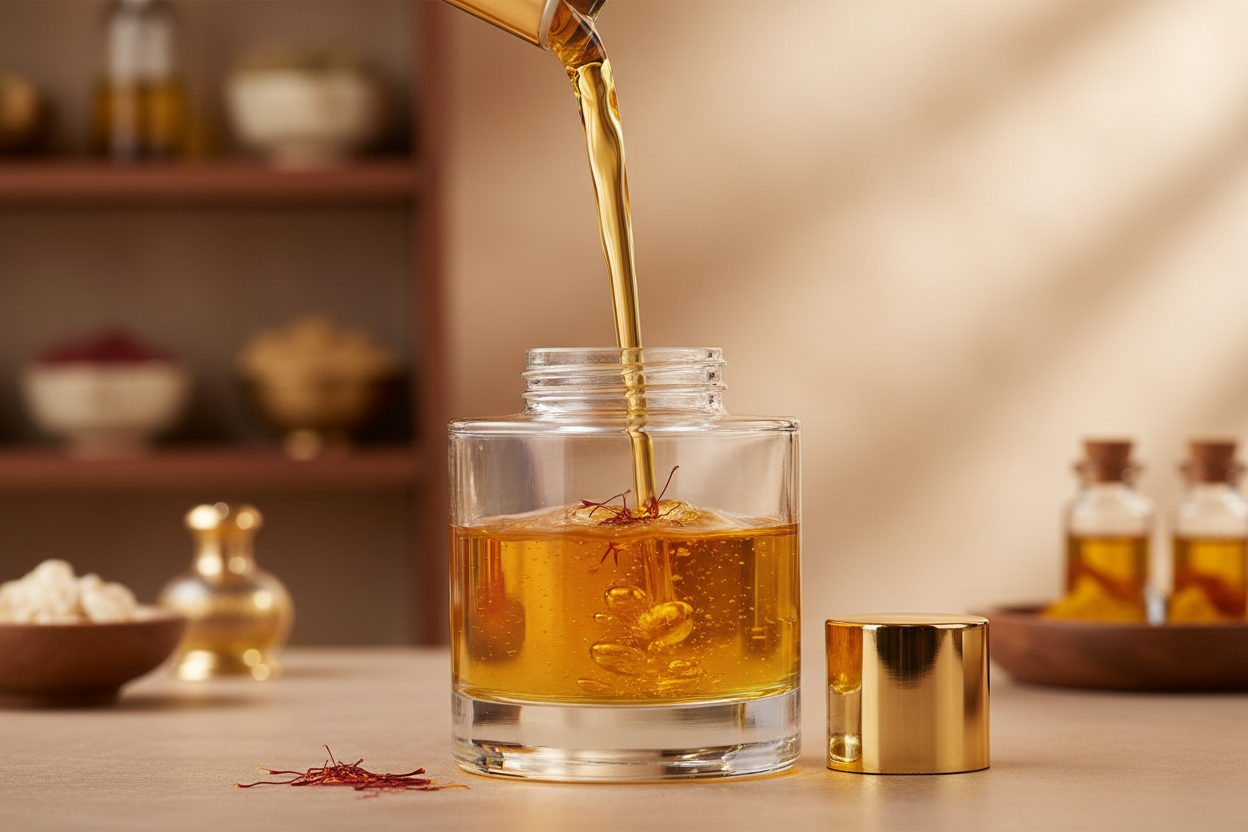 Kumkumadi Oil flowing in a container